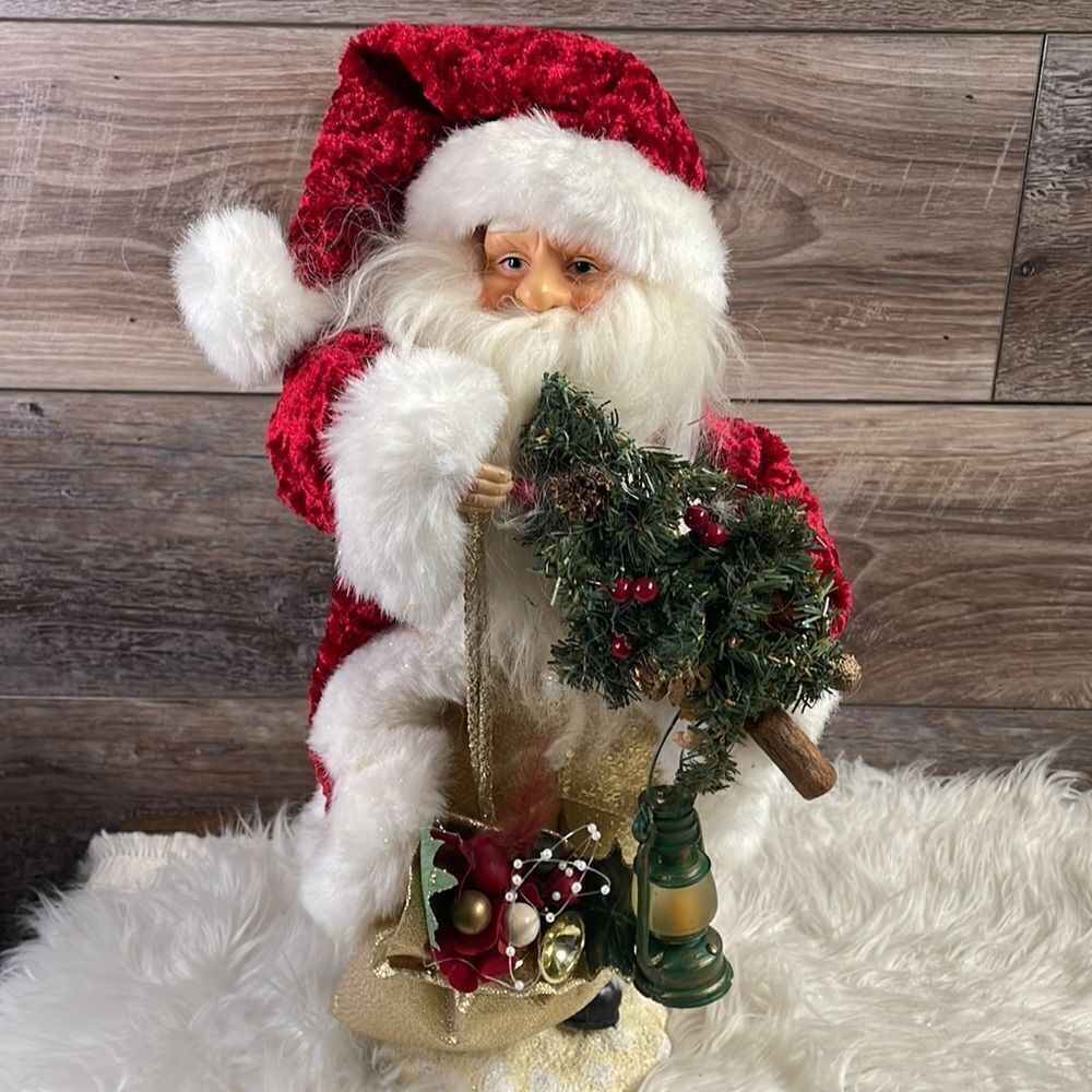Ceramic Standing Santa 16” , Red and White Santa Coat, Gold Bag, Tree, Lantern